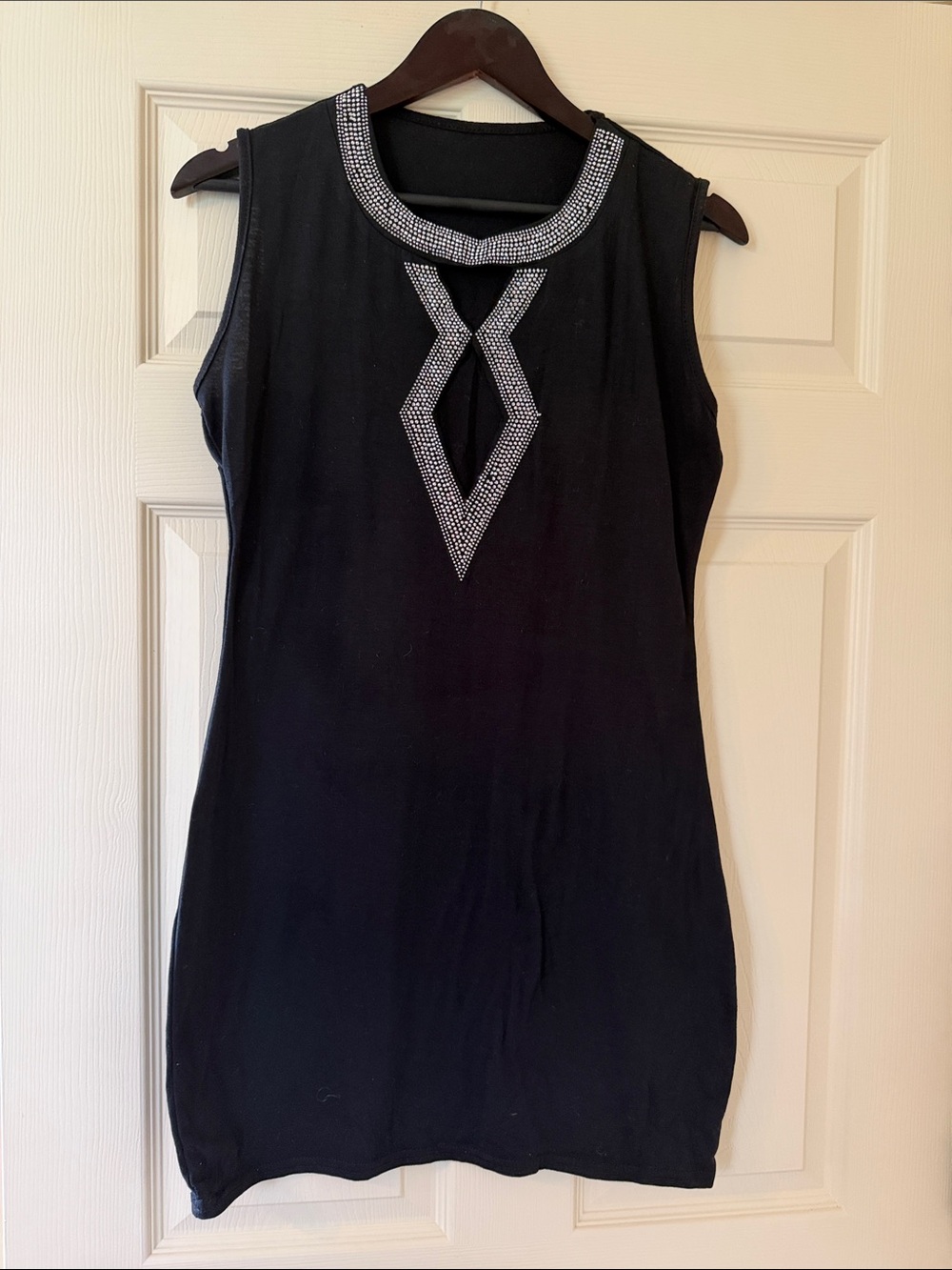 Black Sleeveless Mini Dress with Silver Beaded Neckline